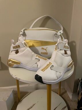 Puma Women White and Gold Slip-On  Sneakers with matching bag